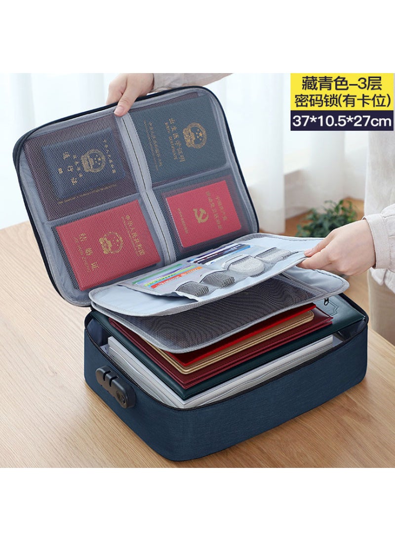 Waterproof Travel Document Storage Bag Large Capacity Household Certificate Document Storage Bag File Arrangement Card Passport BagThree-layer lock navy blue Three-layer lock navy blue