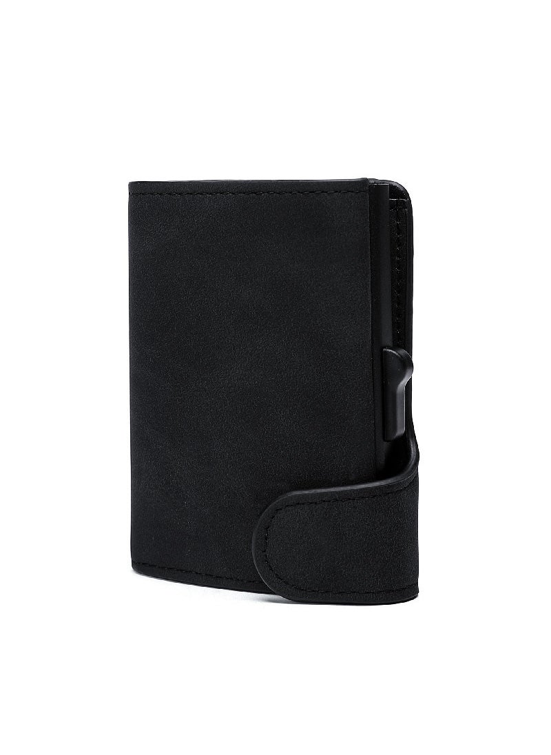 Aluminum RFID Blocking Card Holder Crazy Horse Leather WalletBlack Black