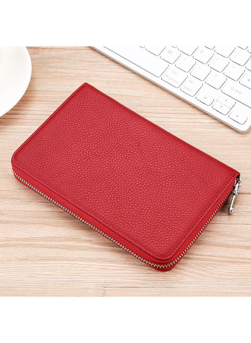 Genuine Leather RFID Anti-Magnetic Card Bag Cowhide Japanese-Style Account Book and Deposit Bag Multi-Function Wallet Long Wallet ID SetBurgundy first layer cowhide Burgundy first layer cowhide