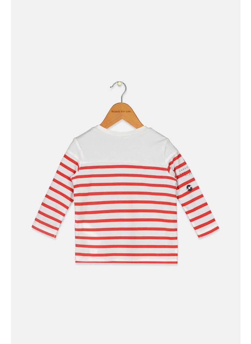 Toddlers Boy Crew Neck Long Sleeve Stripe Top, White/Red