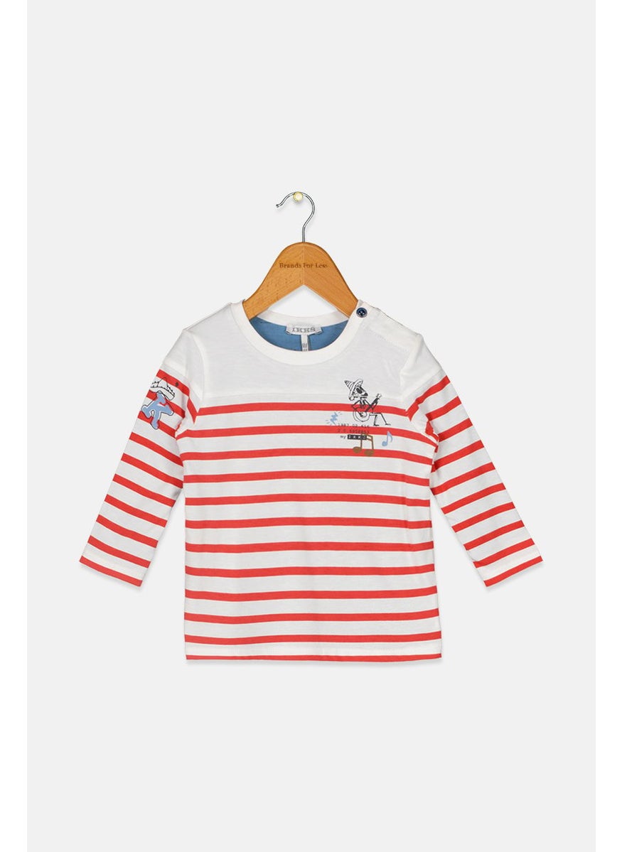 Toddlers Boy Crew Neck Long Sleeve Stripe Top, White/Red