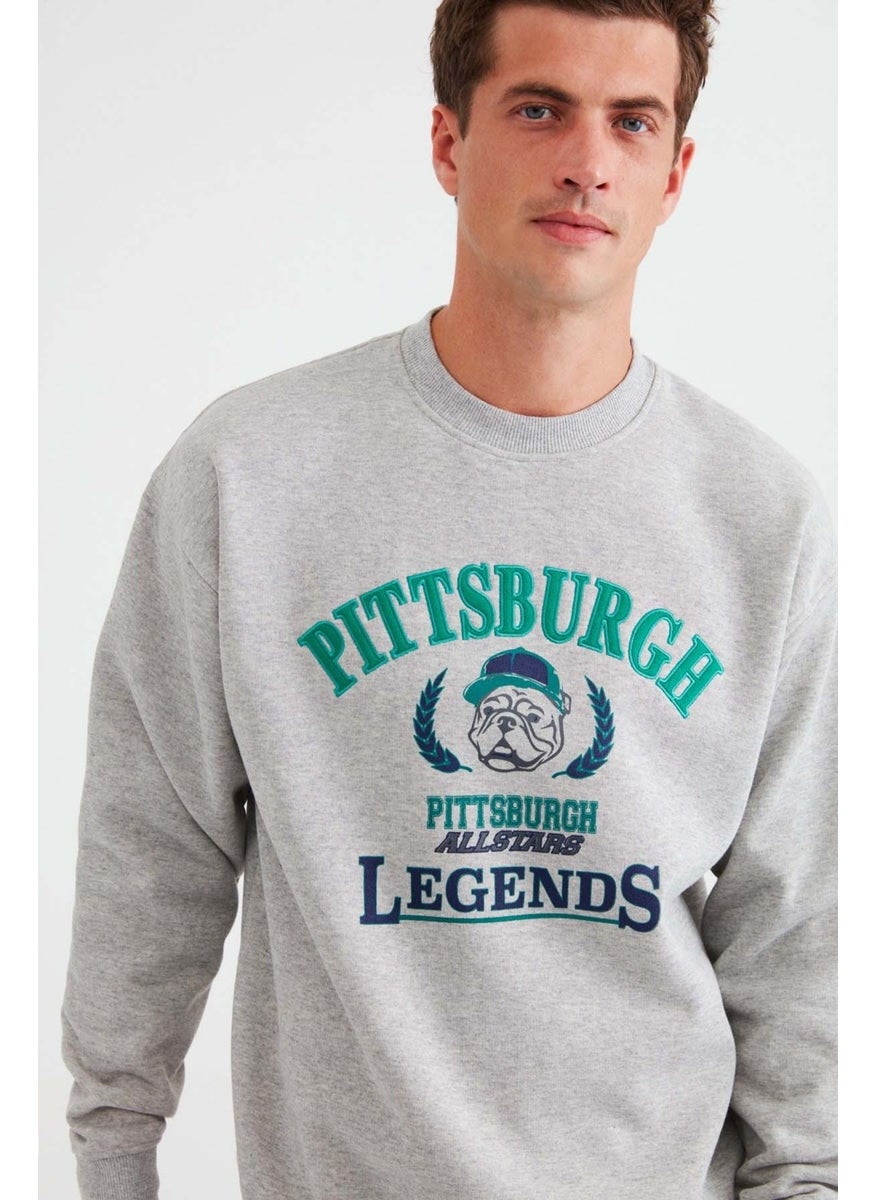 Legends Men's College Applique Embroidered Regular Fit Grey Melange Sweatshirt