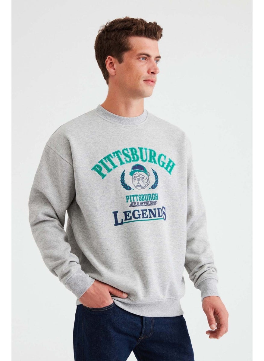 Legends Men's College Applique Embroidered Regular Fit Grey Melange Sweatshirt