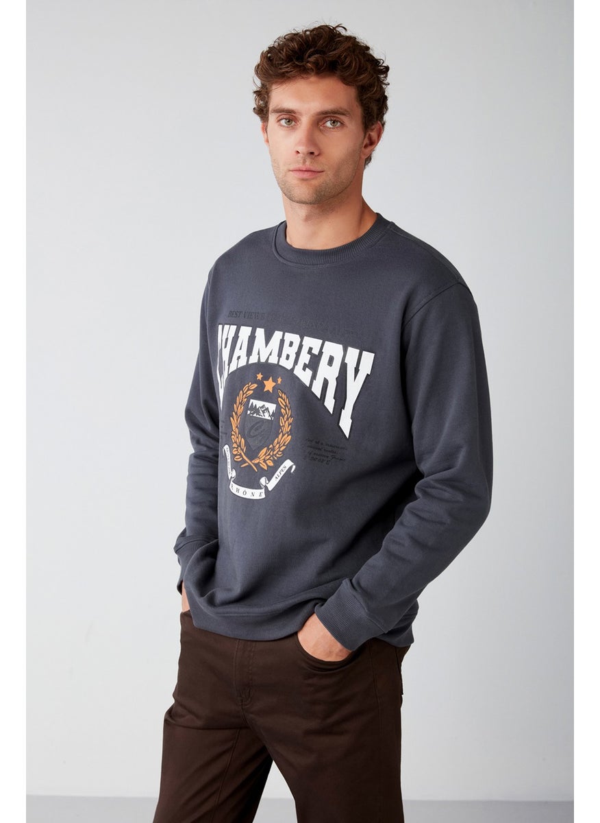 Chambery Men's Soft Fabric Oversize Fit Round Neck College Printed Anthracite Sweatshirt