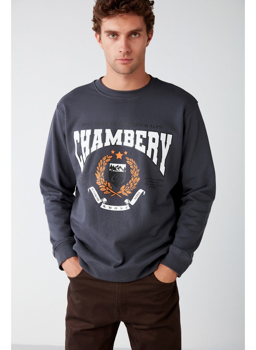 Chambery Men's Soft Fabric Oversize Fit Round Neck College Printed Anthracite Sweatshirt