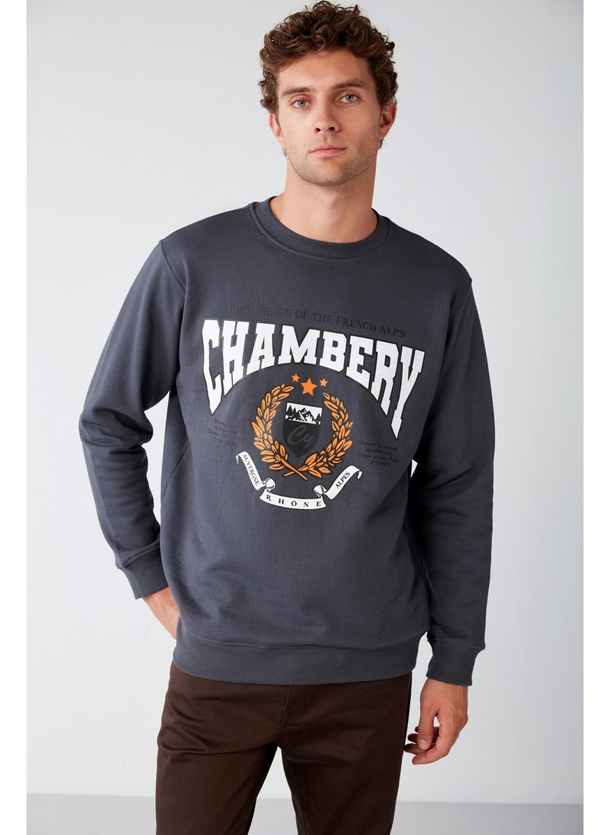 Chambery Men's Soft Fabric Oversize Fit Round Neck College Printed Anthracite Sweatshirt