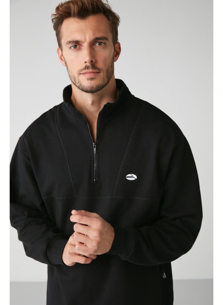 Radiant Men's Half Zipper Stand Collar Embroidered Black Sweatshirt