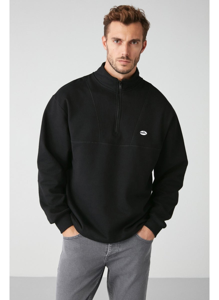 Radiant Men's Half Zipper Stand Collar Embroidered Black Sweatshirt