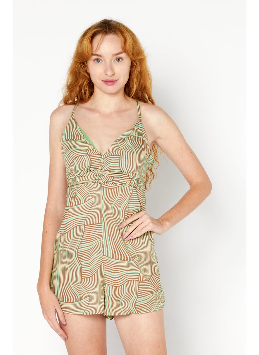 Women Abstract Sleeveless Playsuit, Green Combo