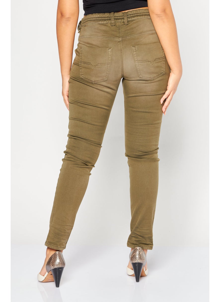 Women Regular Fit Washed Stretchable Denim Jogger Jeans, Olive