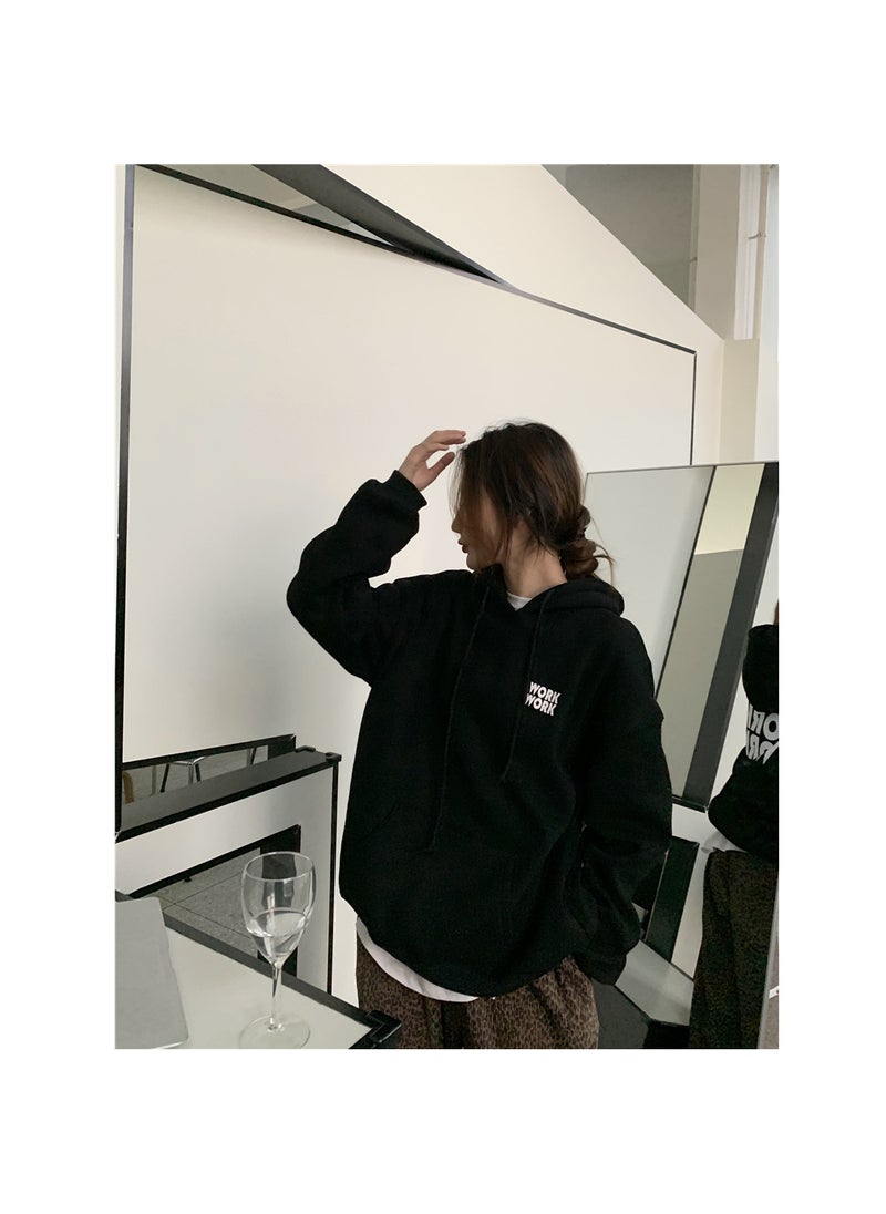 Korean Style 250g Plush Hoodie Letter Sweatshirt Black