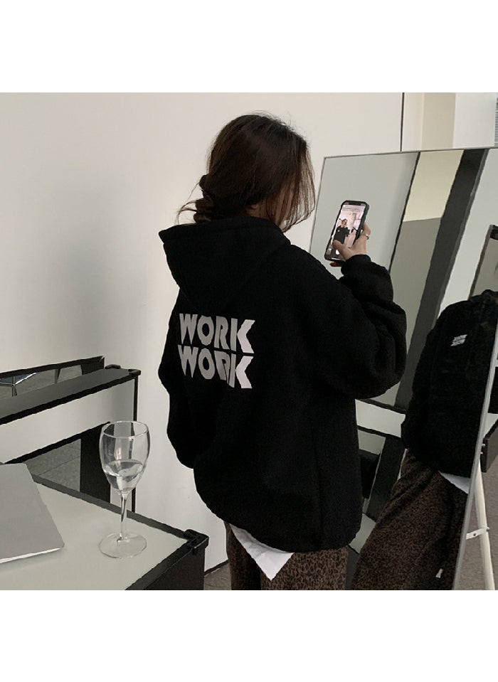 Korean Style 250g Plush Hoodie Letter Sweatshirt Black