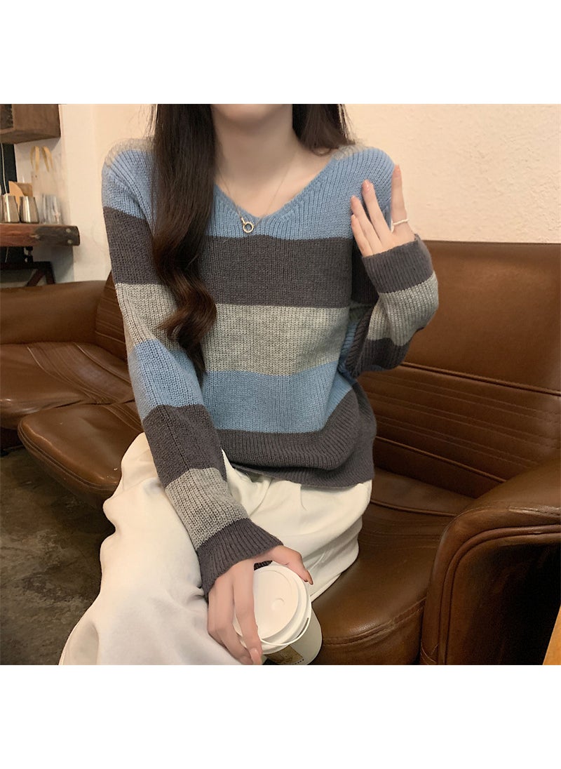 Chic V-Neck Knit Sweater Womens Autumn Winter 2023 Striped Loose Fit Long Sleeve Top Blue