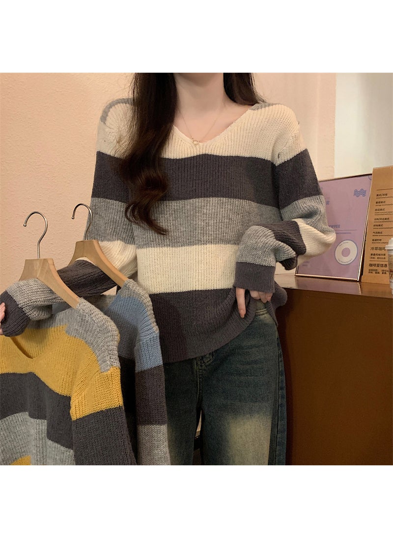 Chic V-Neck Knit Sweater Womens Autumn Winter 2023 Striped Loose Fit Long Sleeve Top Blue