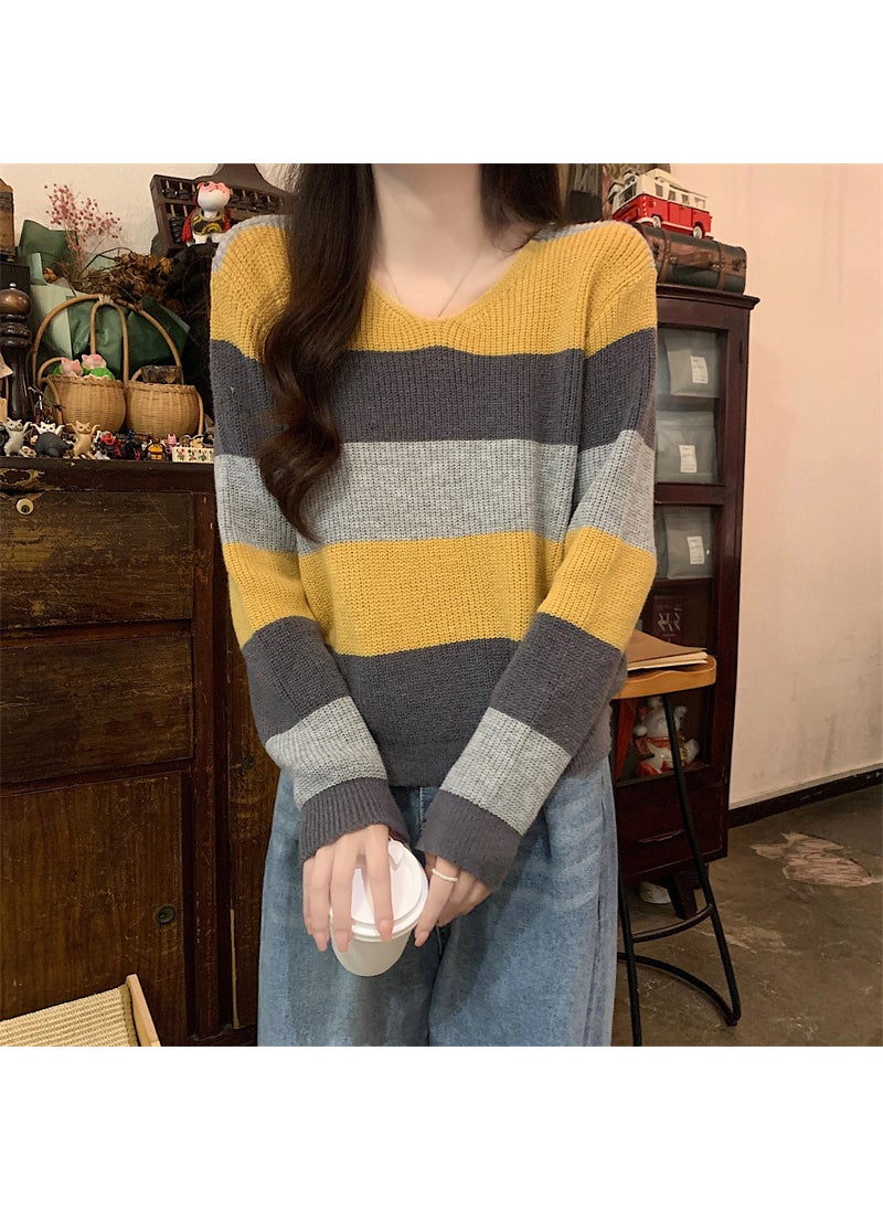 Chic V-Neck Knit Sweater Womens Autumn Winter 2023 Striped Loose Fit Long Sleeve Top Blue