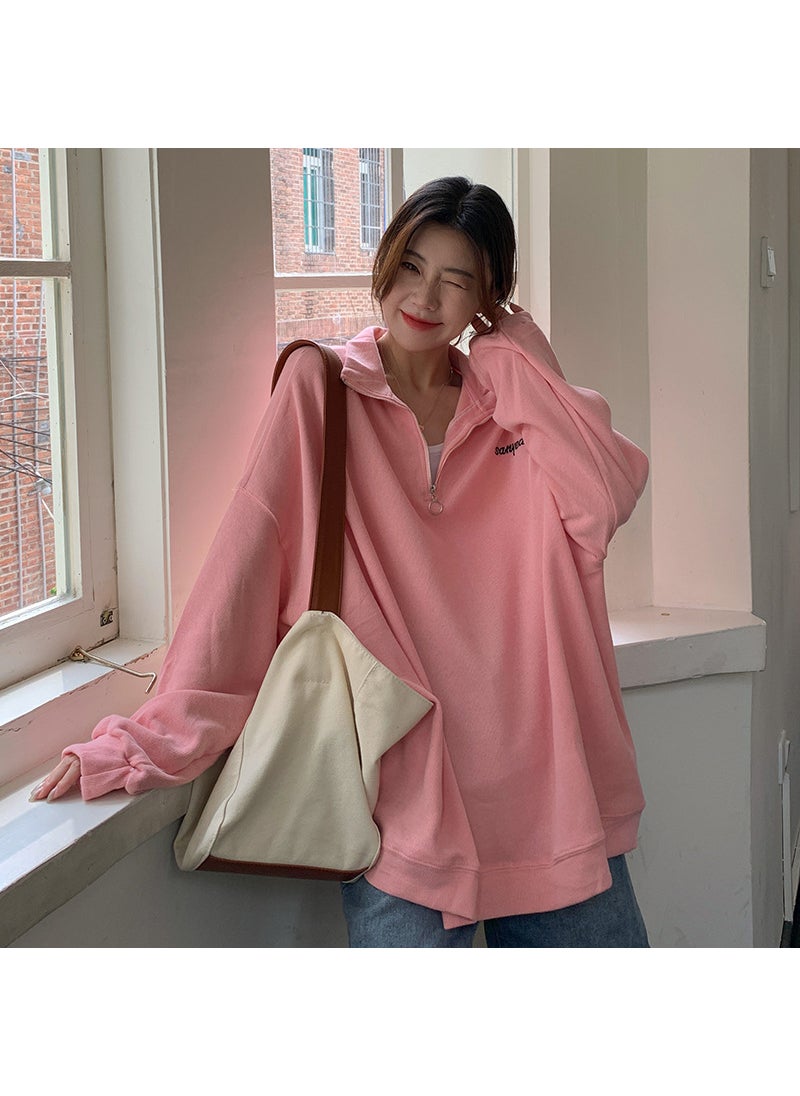 G 2022 autumn and winter BF style plus size loose mid-length stand collar fleece-lined sweater womens zipper pullover coat fashion Pink