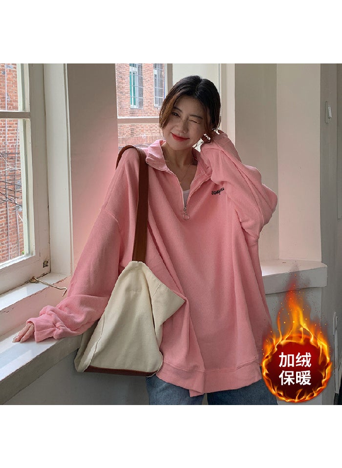 G 2022 autumn and winter BF style plus size loose mid-length stand collar fleece-lined sweater womens zipper pullover coat fashion Pink