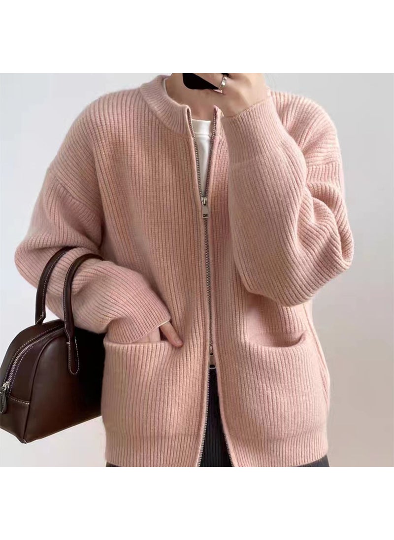 Vintage Solid Lazy Zip Knit Cardigan Sweater Pink