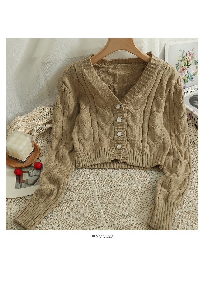 Early Fall 2024 V-Neck Cardigan Cropped Versatile Long Sleeve Knitwear khaki