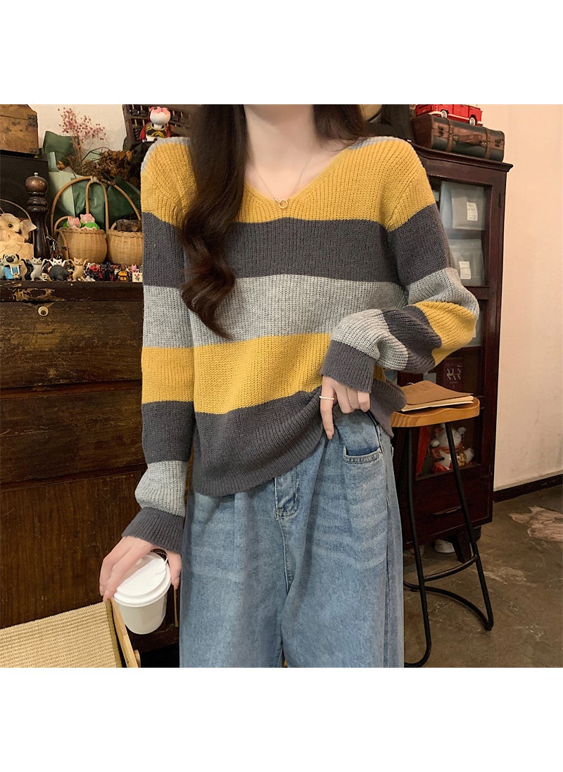 Chic V-Neck Knit Sweater Womens Autumn Winter 2023 Striped Loose Fit Long Sleeve Top Yellow