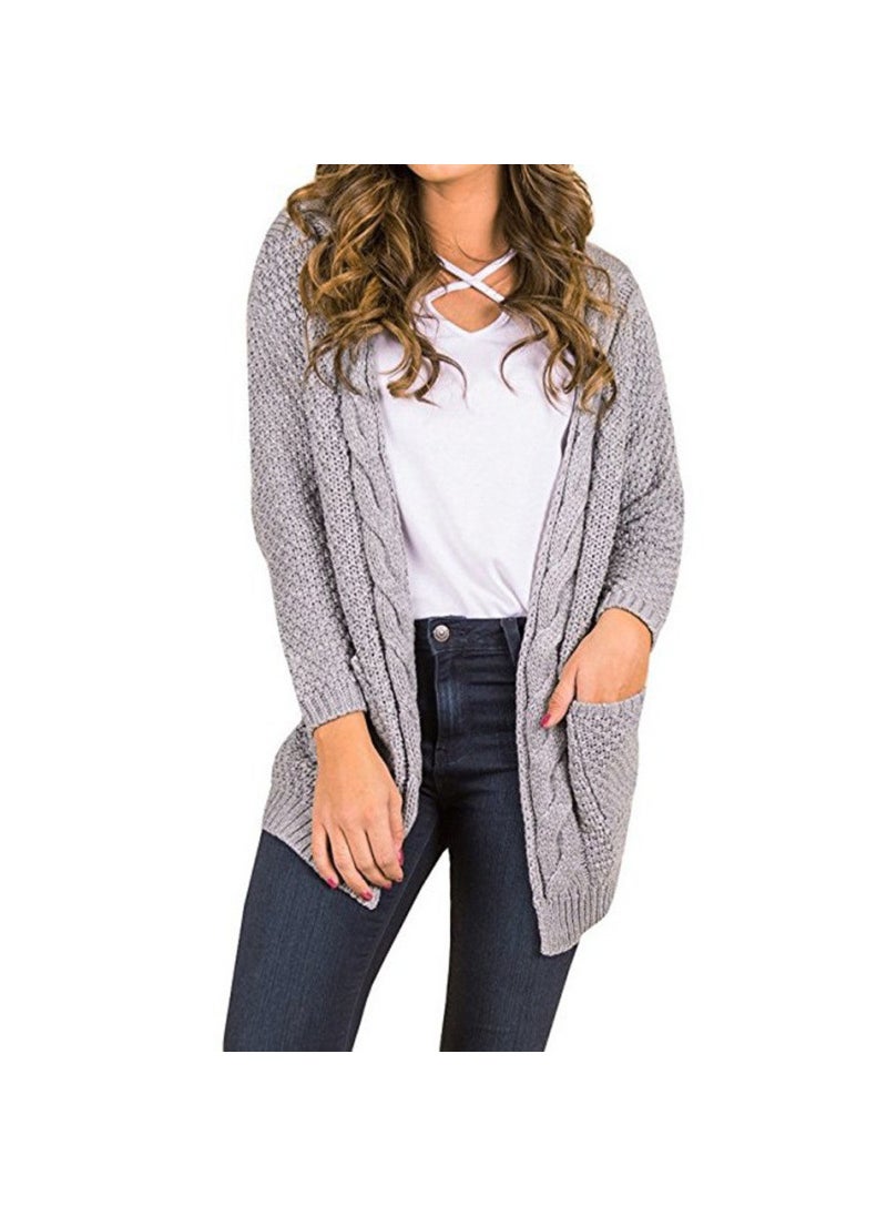 2024 Fall Winter Knit Cardigan Solid Loose Pocket Twisted Cable Sweater Gray