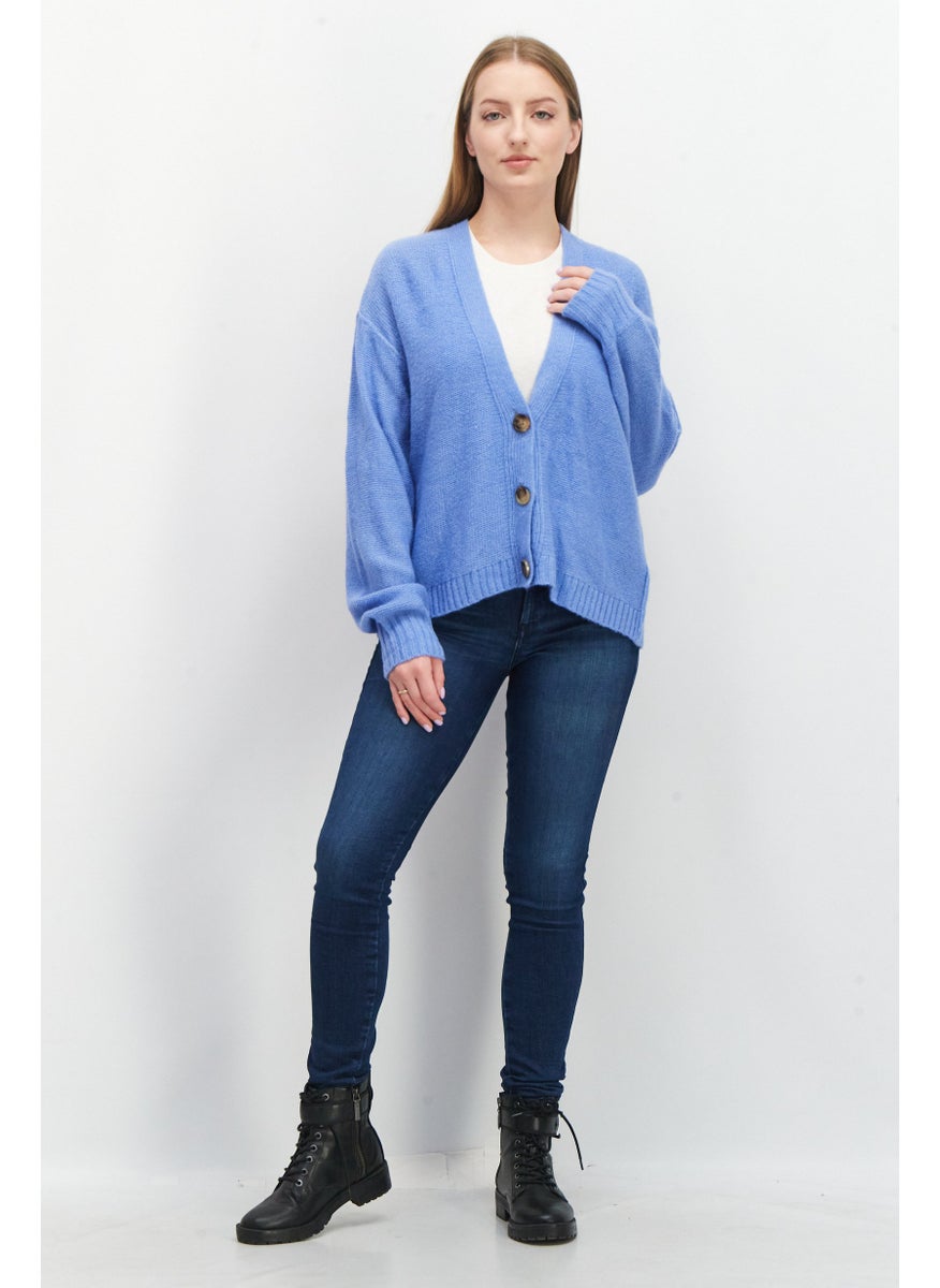 Women V-Neck Textured Long Sleeves Cardigan, Blue