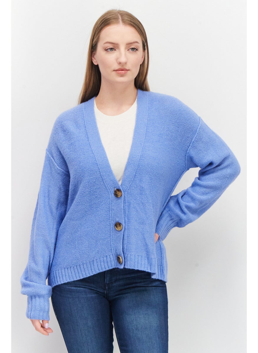 Women V-Neck Textured Long Sleeves Cardigan, Blue