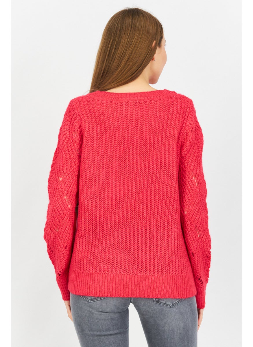 Women Crew Neck Long Sleeve Textured Sweater, Pink