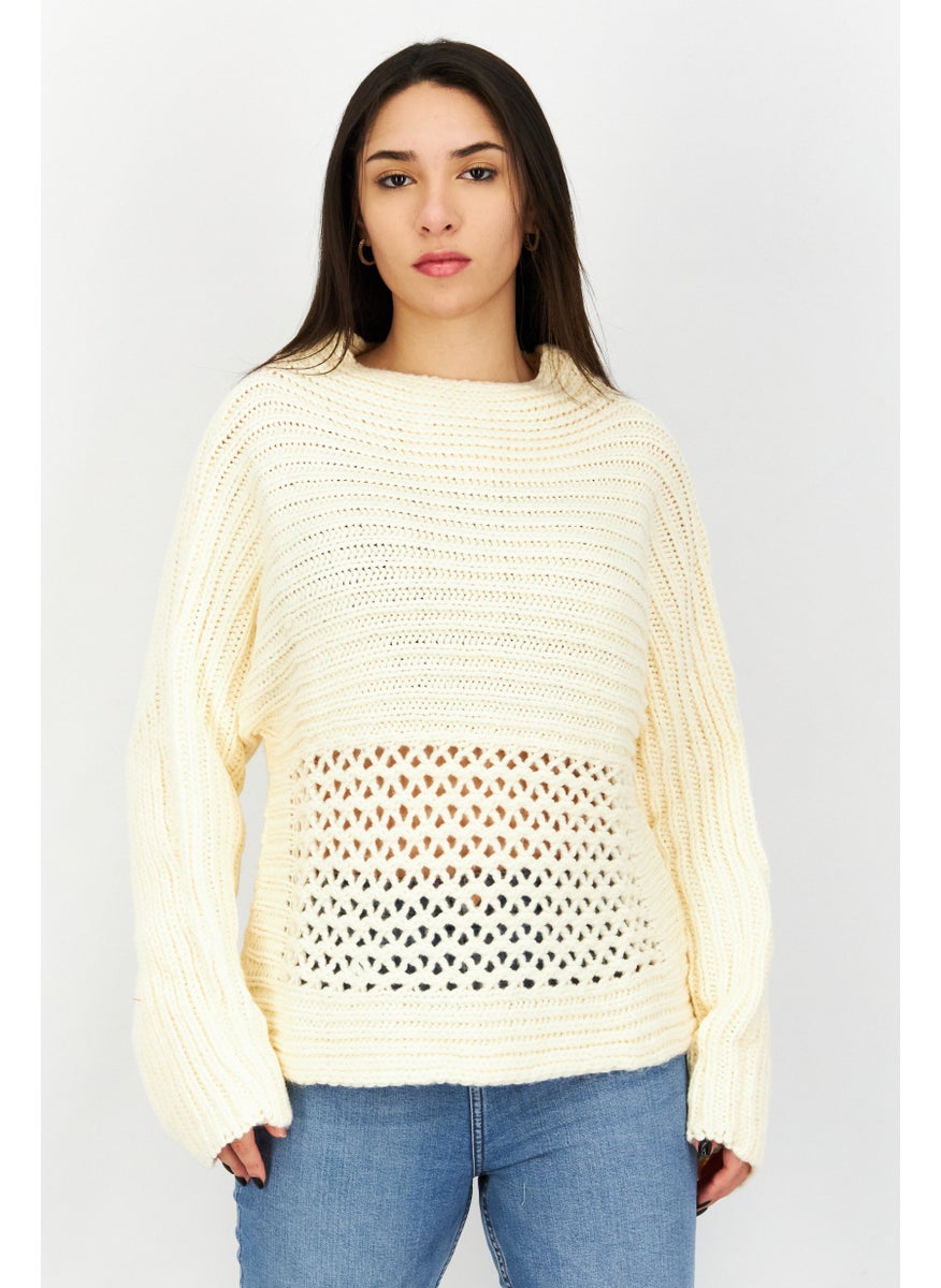 Women Long Sleeves Textured Sweater, Cream