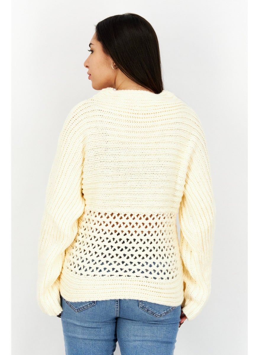 Women Long Sleeves Textured Sweater, Cream