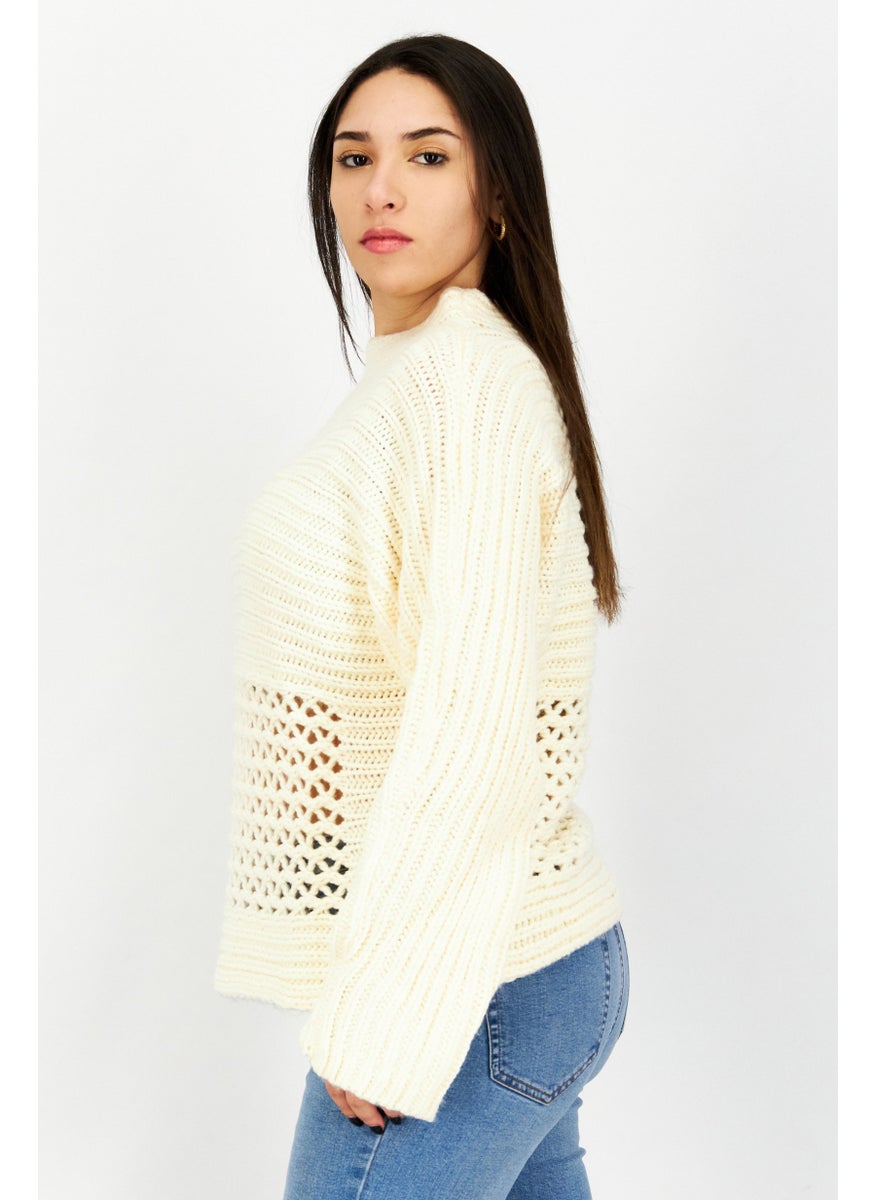 Women Long Sleeves Textured Sweater, Cream