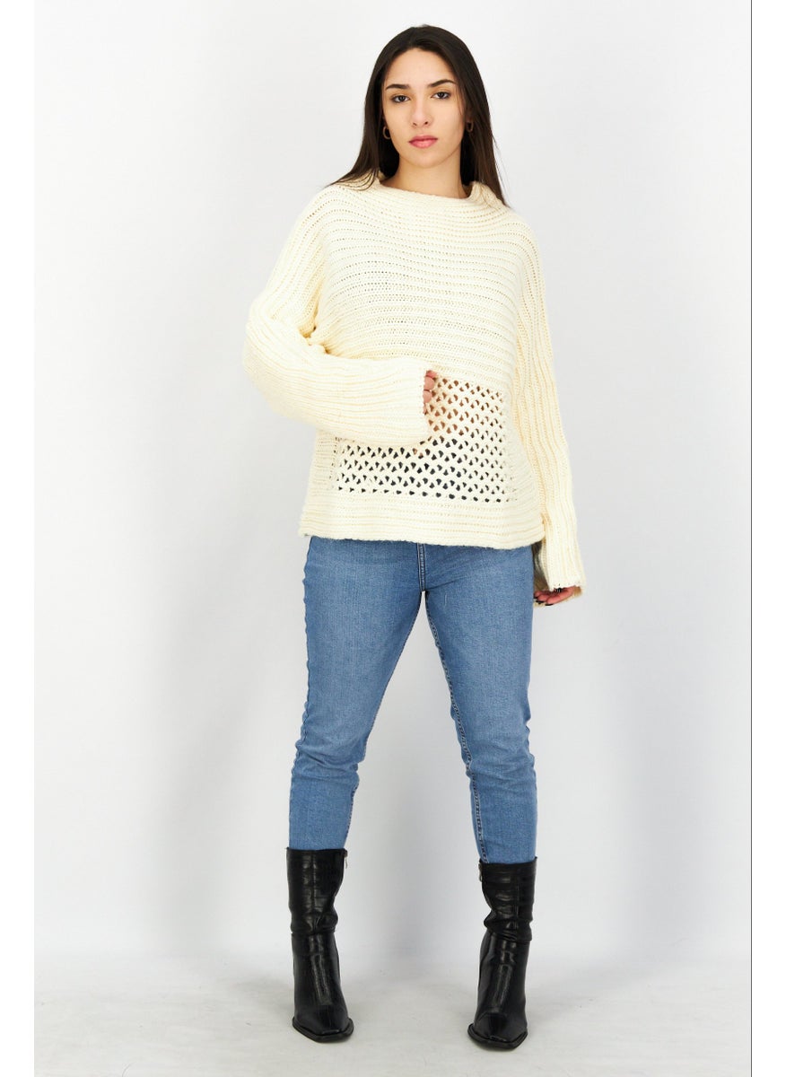 Women Long Sleeves Textured Sweater, Cream