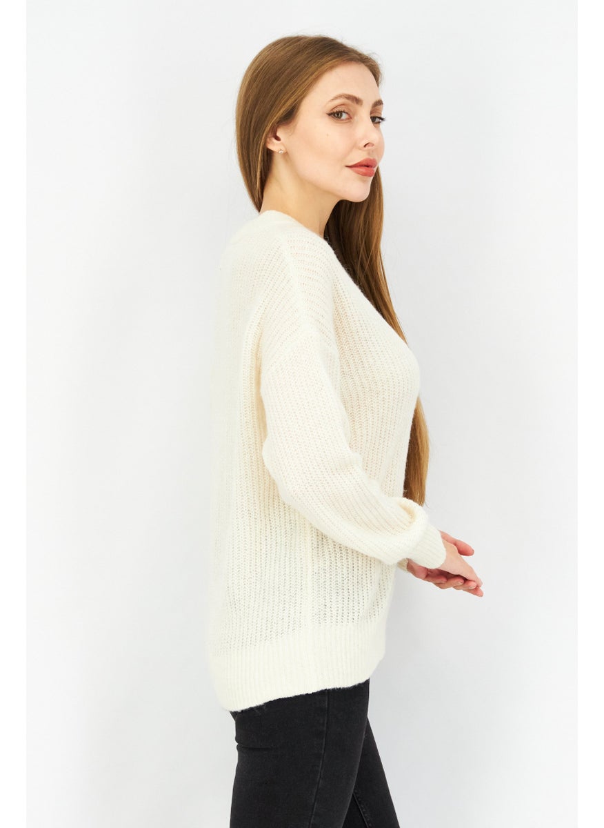 Women Round Neck Knitted Sweater, Cream