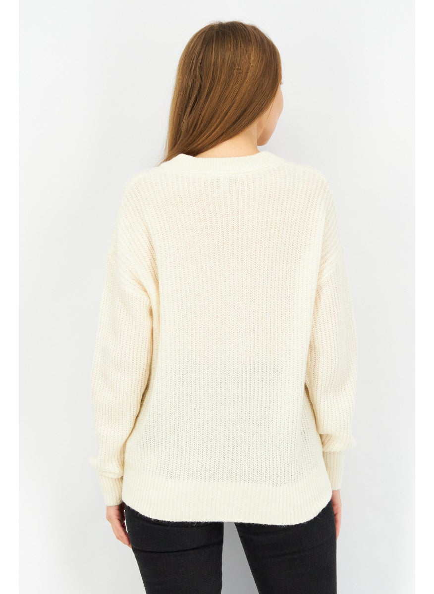 Women Round Neck Knitted Sweater, Cream