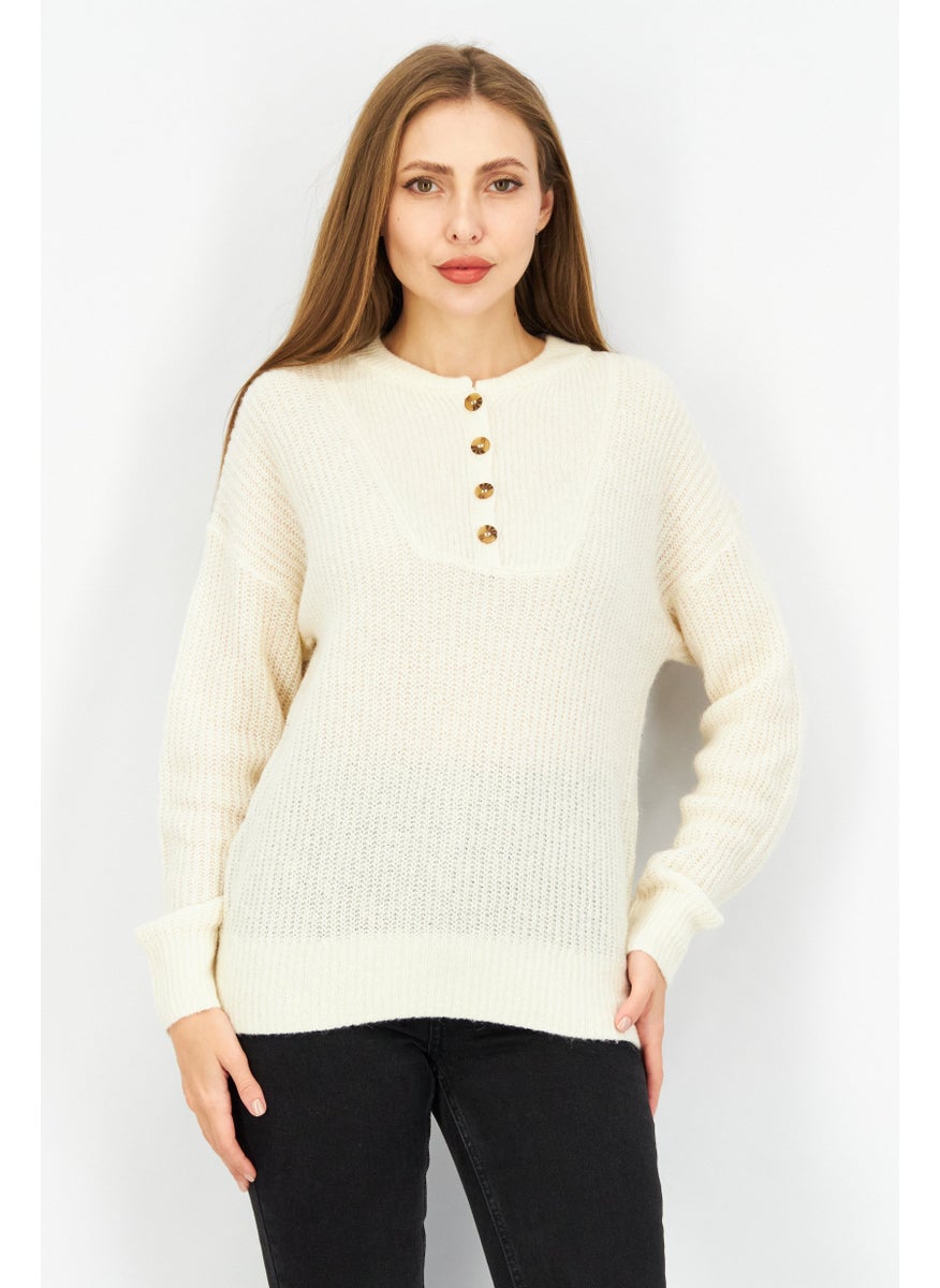 Women Round Neck Knitted Sweater, Cream