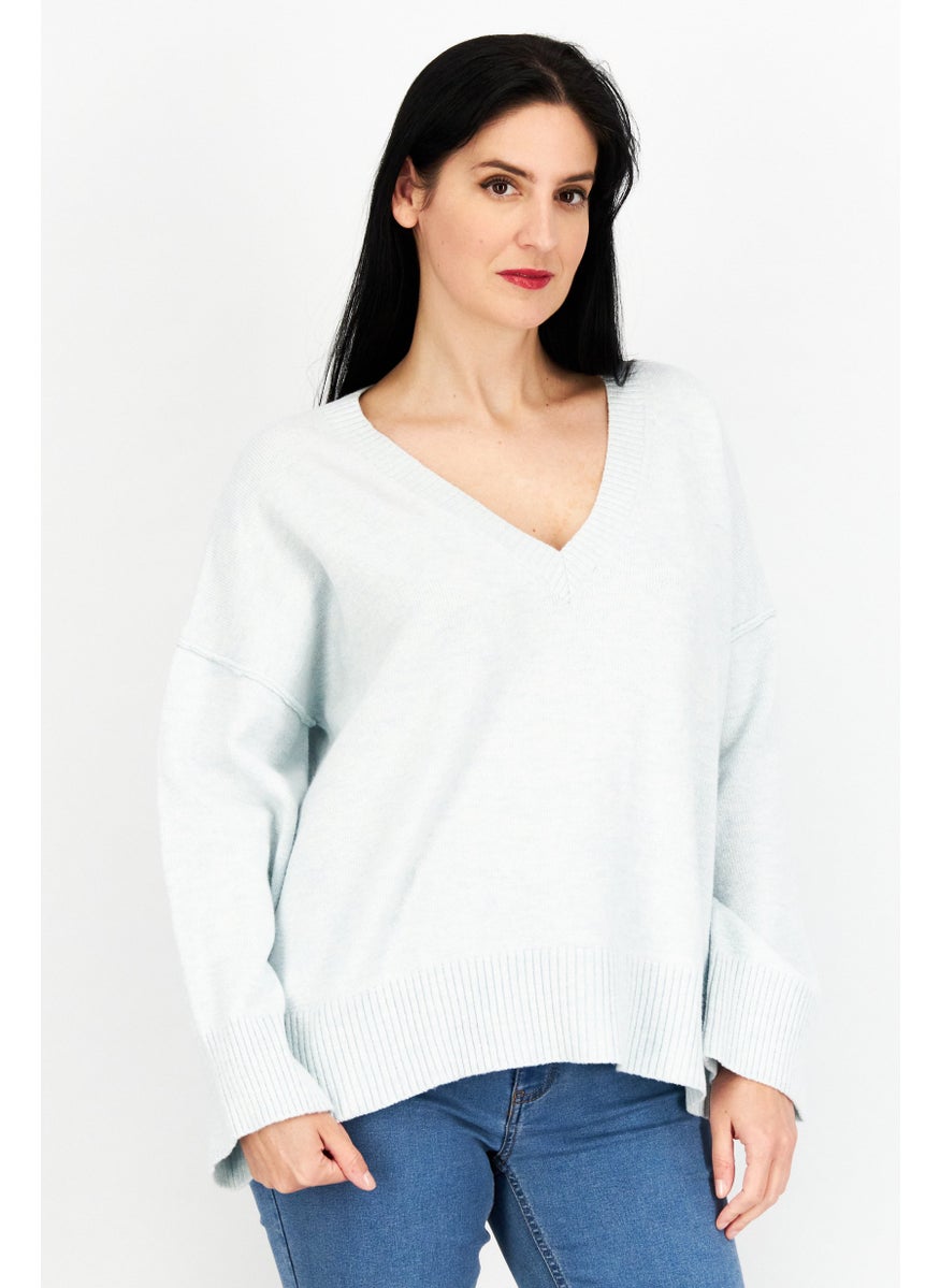 Women V-Neck Crochet Sweater, Light Blue