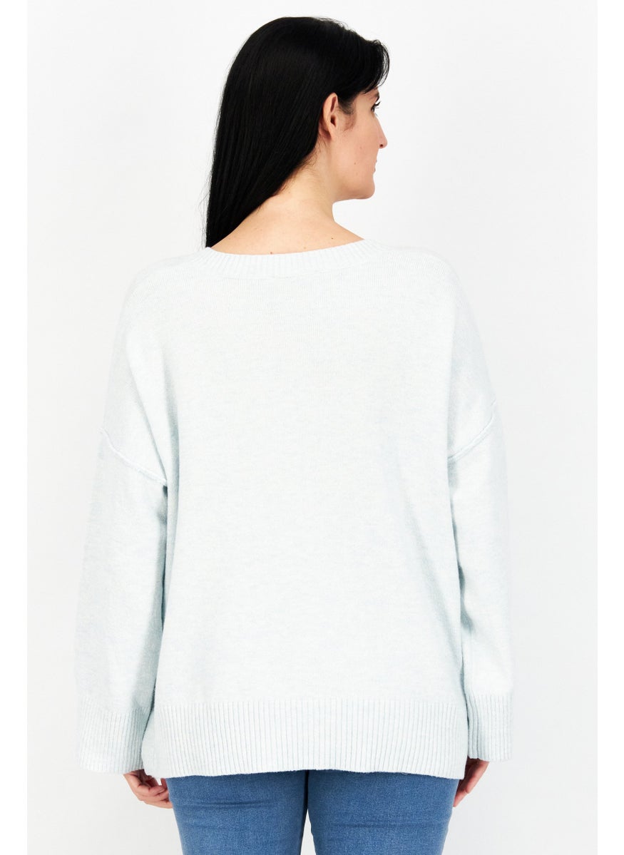 Women V-Neck Crochet Sweater, Light Blue