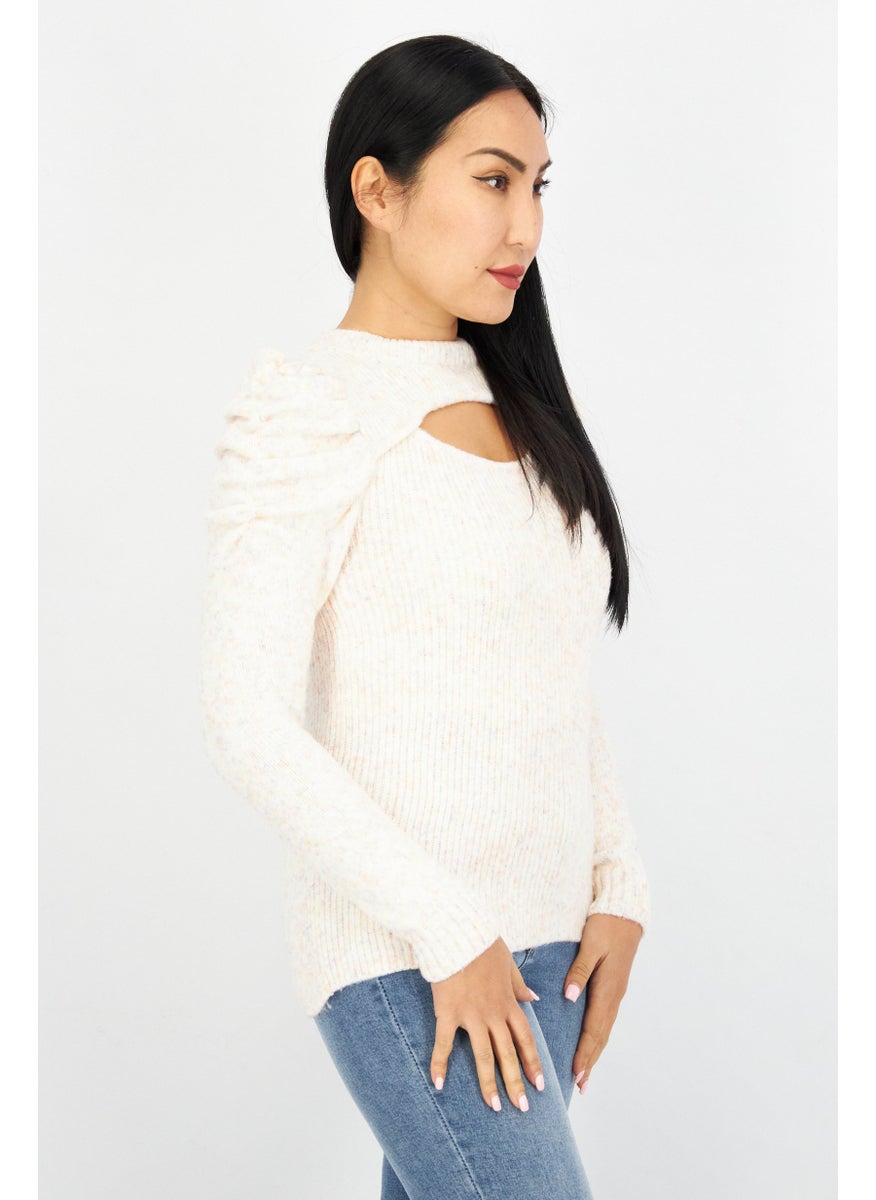 Women Crew Neck Pastel You By Ribbed Cutout Sweater, White Combo