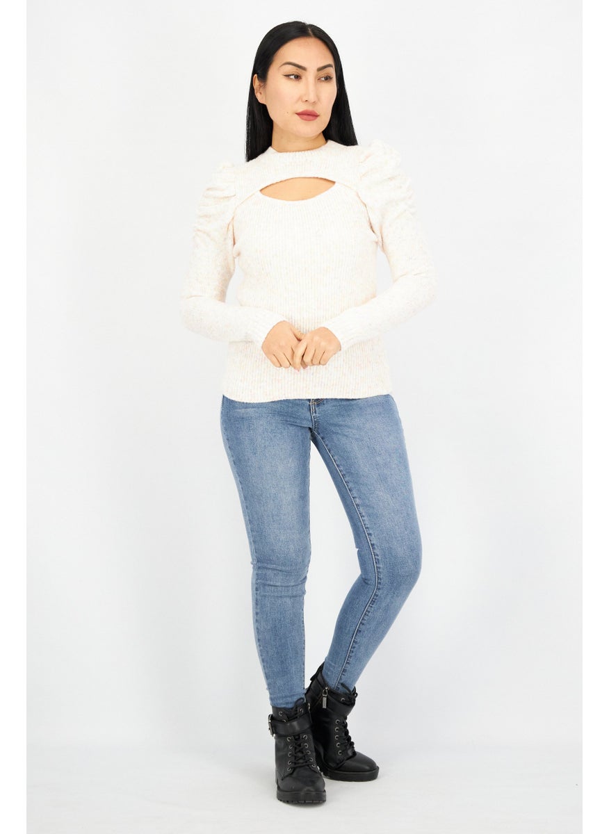 Women Crew Neck Pastel You By Ribbed Cutout Sweater, White Combo