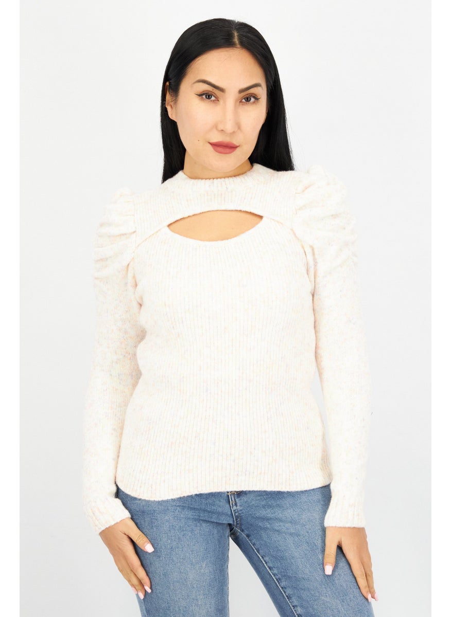 Women Crew Neck Pastel You By Ribbed Cutout Sweater, White Combo