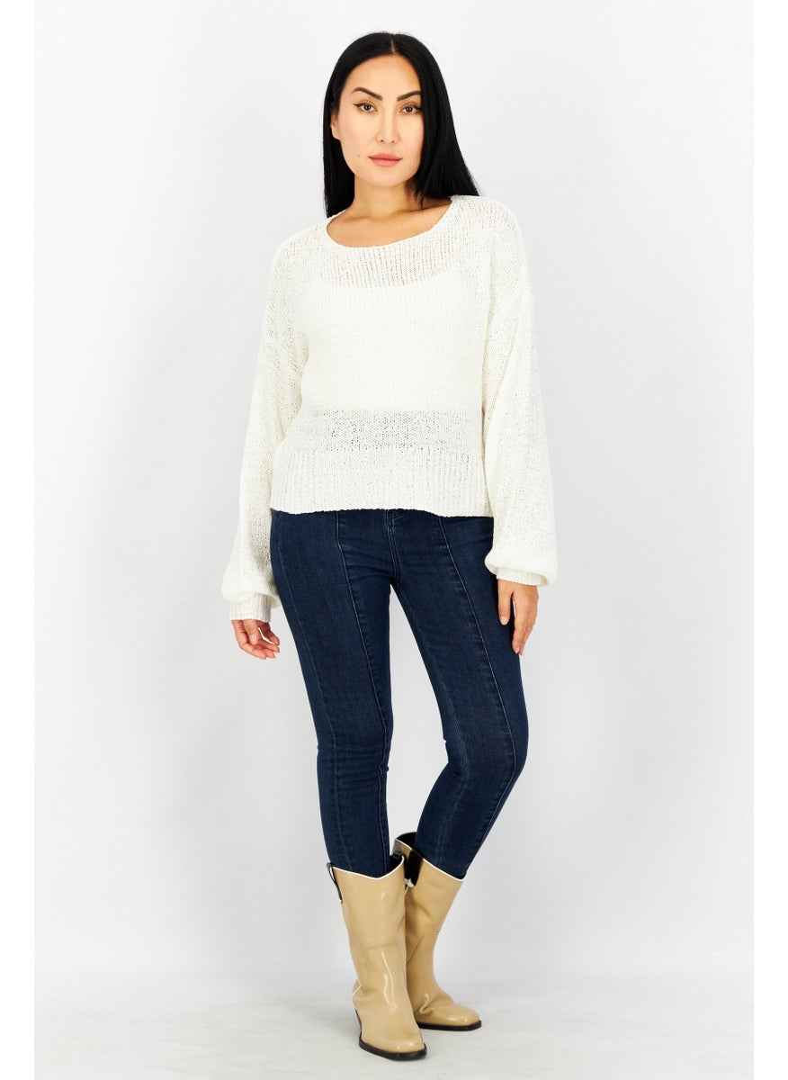 Women Crew Neck Knitted Sweater, White