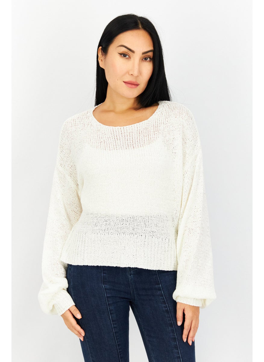 Women Crew Neck Knitted Sweater, White