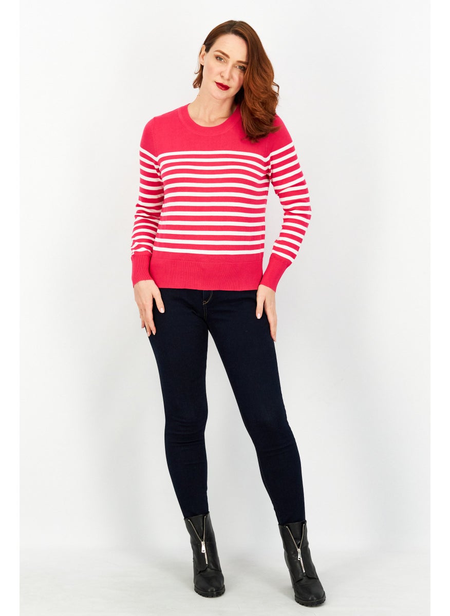 Women Round Neck Long Sleeves Stripe Sweater, Dark Pink/White