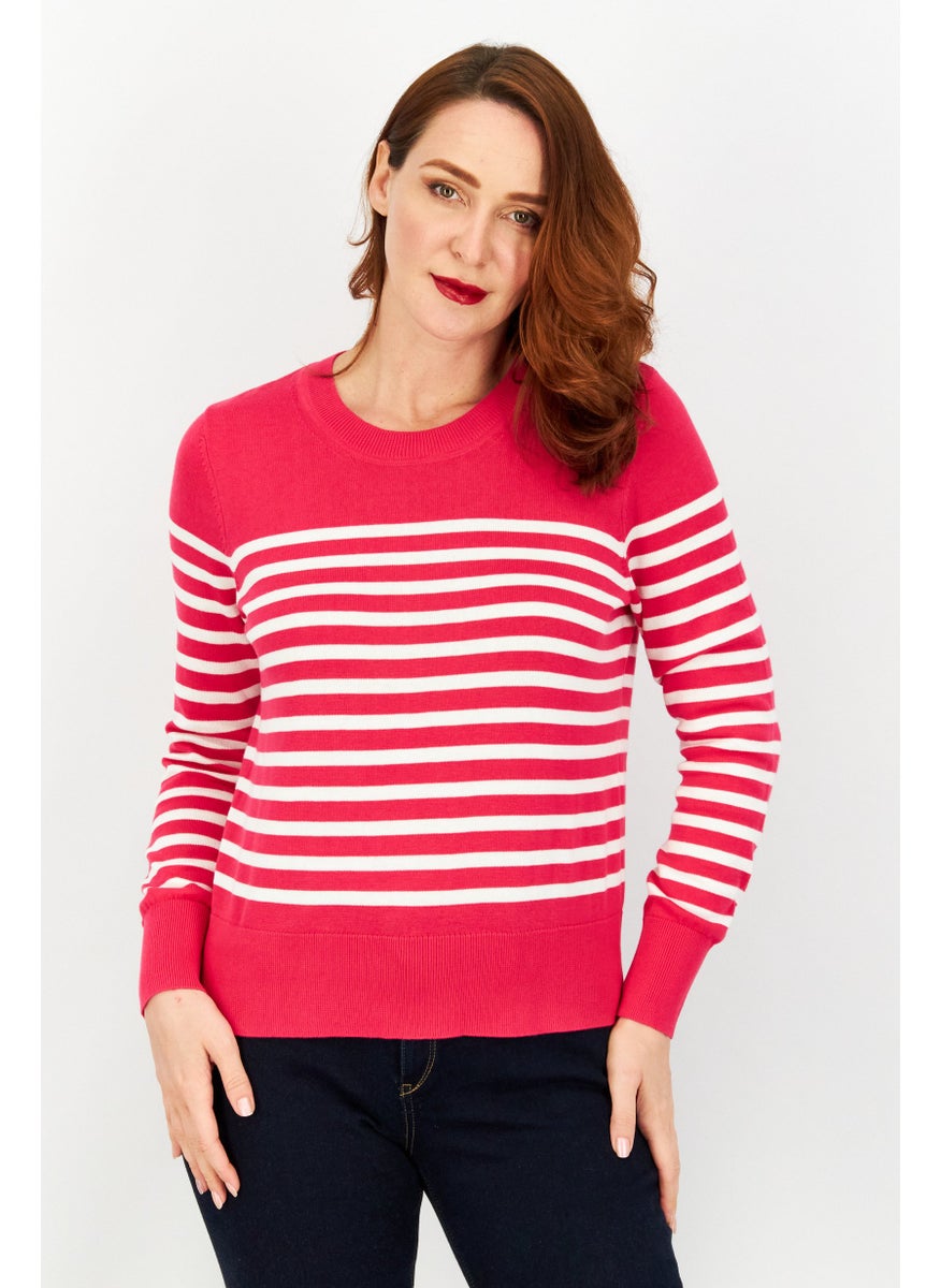 Women Round Neck Long Sleeves Stripe Sweater, Dark Pink/White