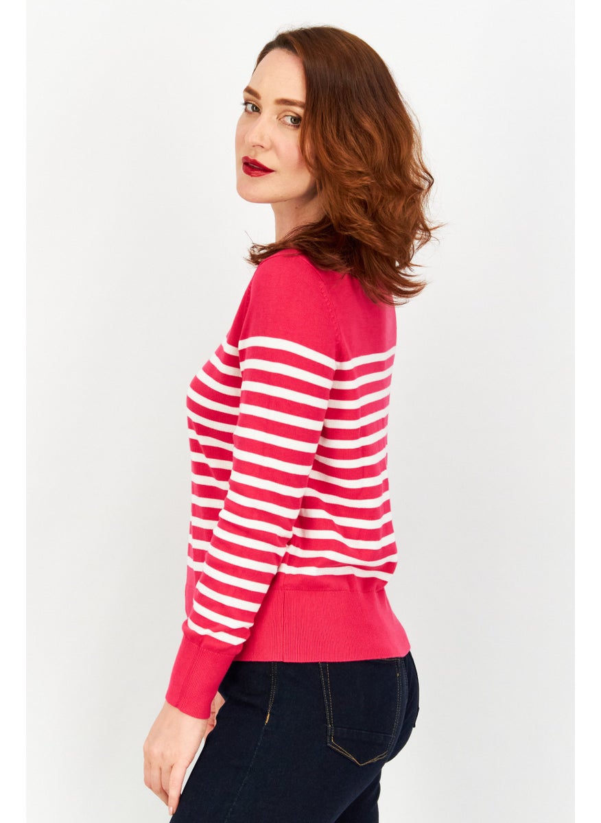 Women Round Neck Long Sleeves Stripe Sweater, Dark Pink/White