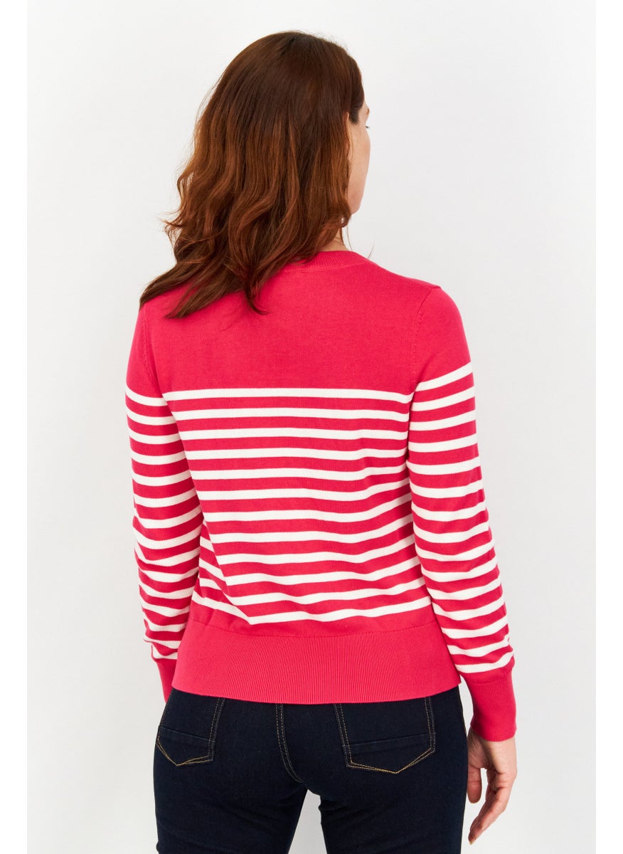 Women Round Neck Long Sleeves Stripe Sweater, Dark Pink/White