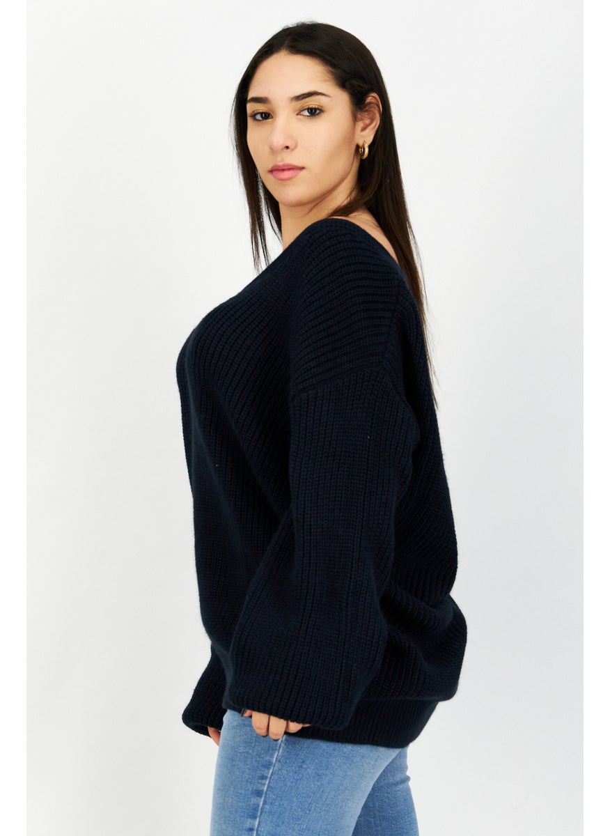 Women V-Neck Textured Sweater, Navy