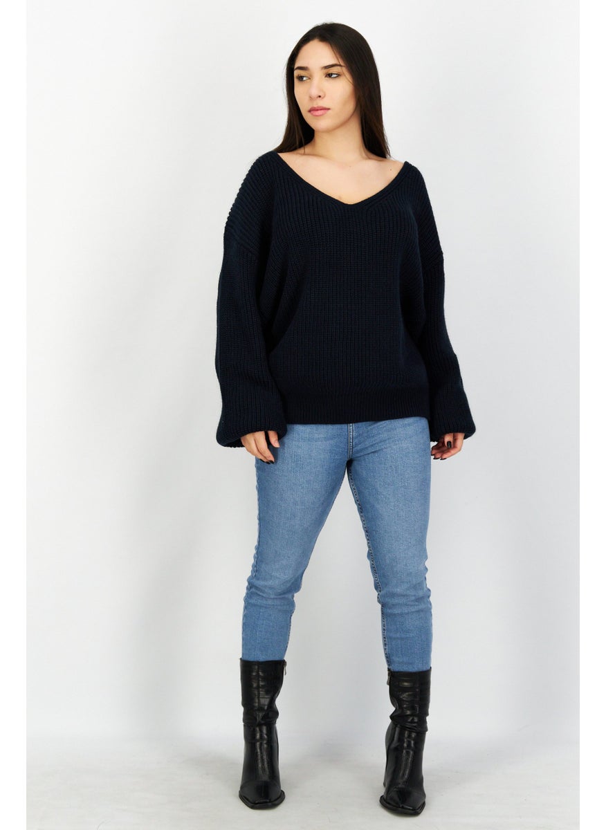 Women V-Neck Textured Sweater, Navy