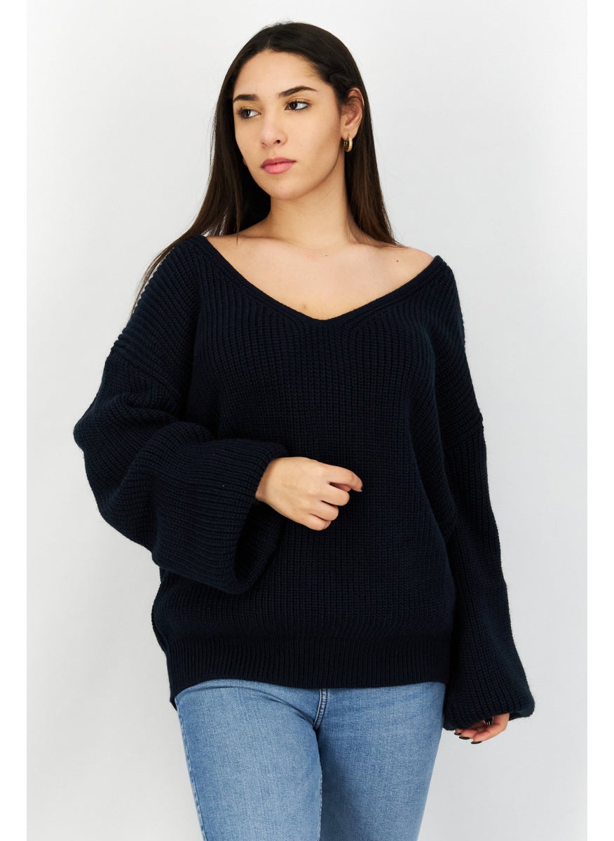 Women V-Neck Textured Sweater, Navy