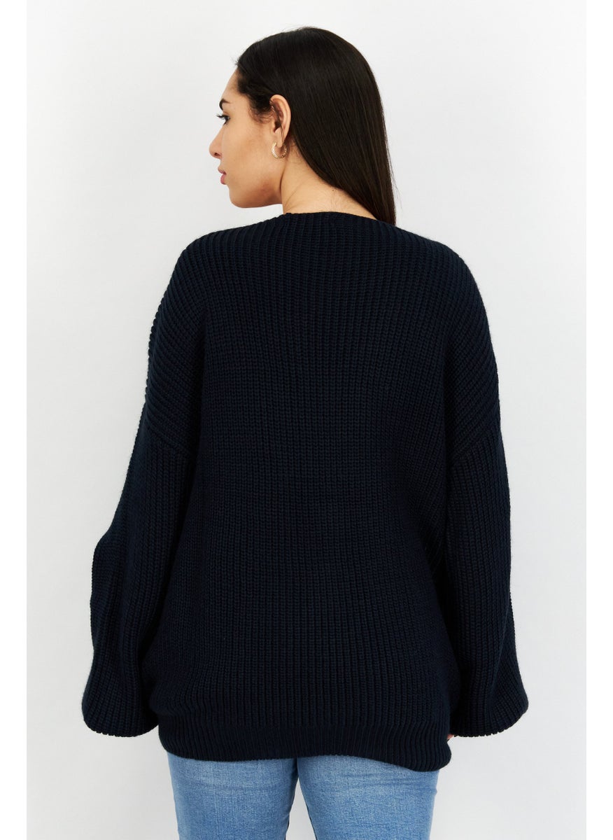 Women V-Neck Textured Sweater, Navy